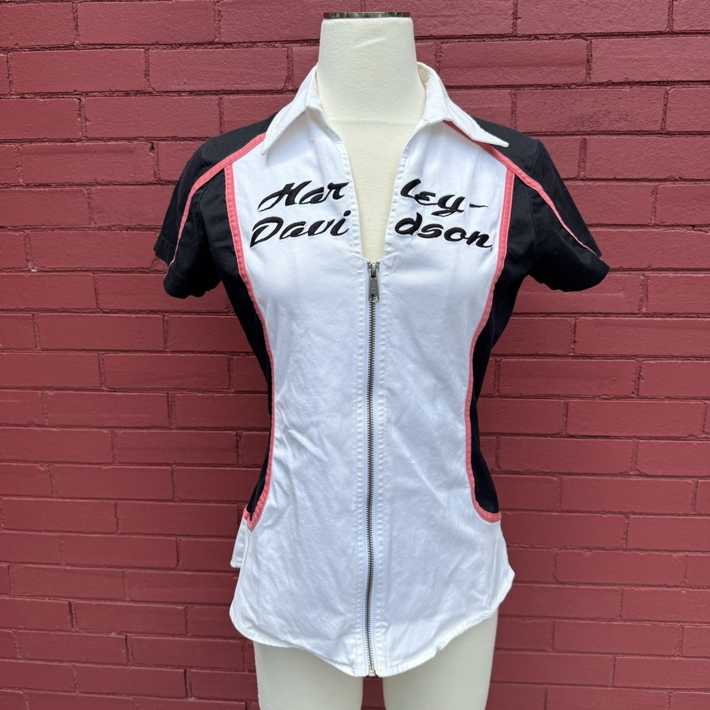 Vtg Harley Davidson Garage Shirt Womens Small Pink Zip Up Embroidered Spellout